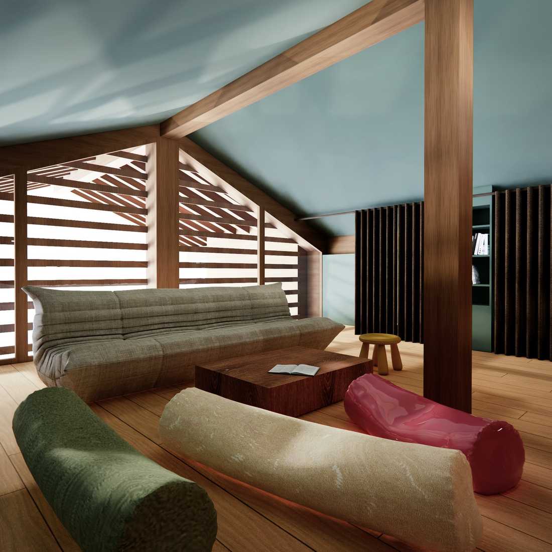 Mezzanine à l'étage du duplex dans un chalet