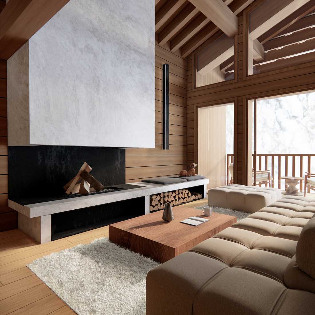 Salon avec cheminée sur mesure conçu par un architecte d'intérieur à Annecy